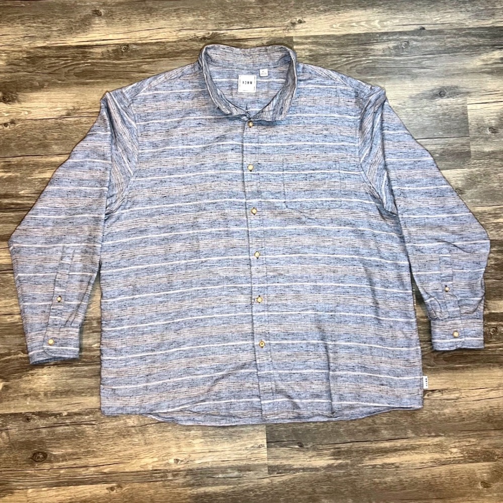 ROWM Men's XL Blue Striped Button Front Shirt Coastal Dad Linen Blend Casual